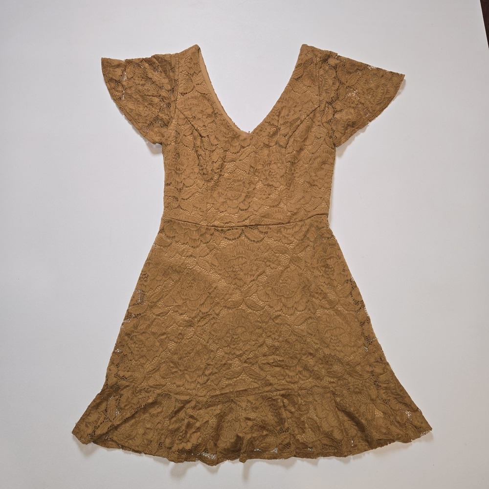 BCX Juniors Dress 9 Brown Lace Flutter Sleeve Fit and Flare‎ V Neck V Back Dress